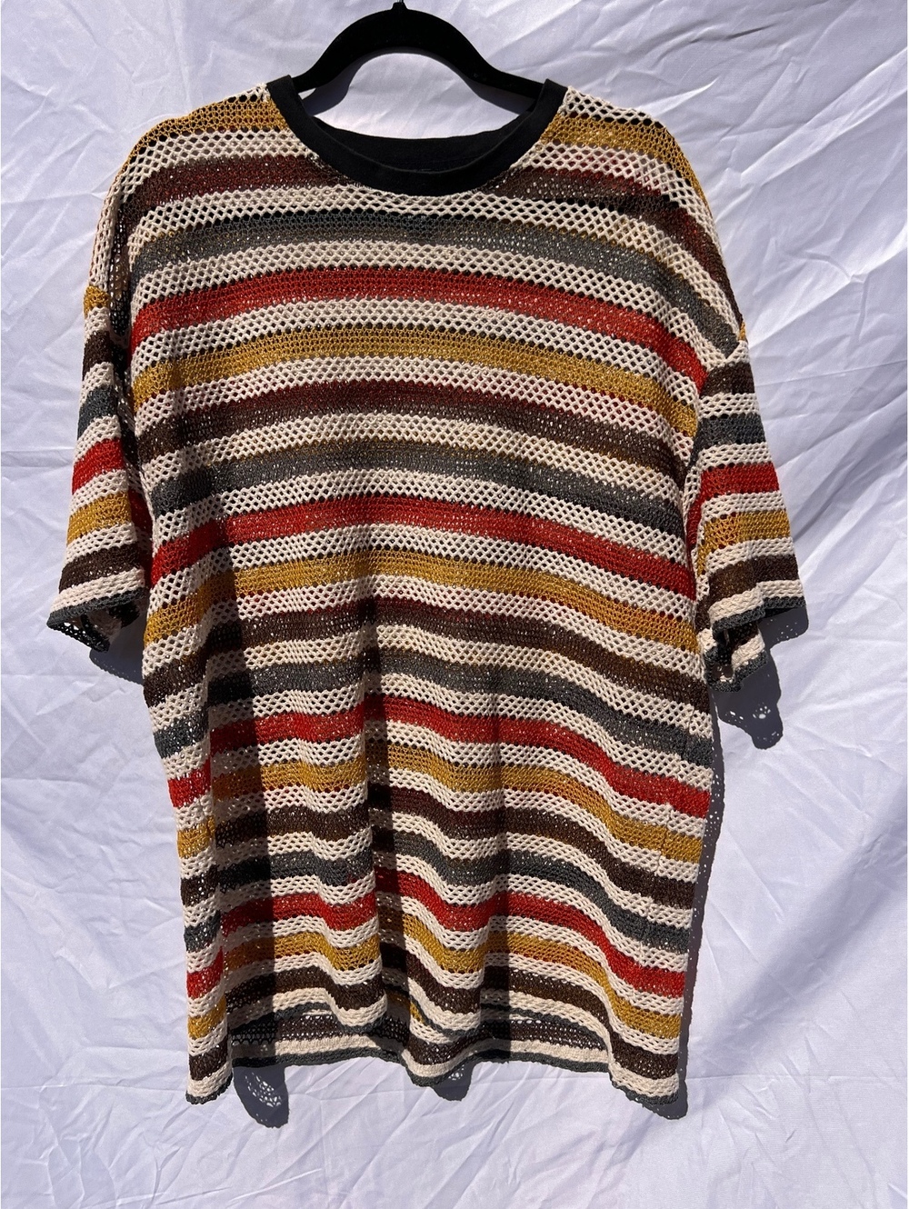 Forever 21 Men XXL Open Knit Mesh Striped Oversized Shirt Crochet Retro